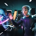 Futuristic gamer immersed in an SZ games, wearing a haptic feedback suit with a glowing neural interface.