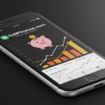 GoMyFinance.com saving money app on a smartphone showing savings growth charts and investment trend analytics.